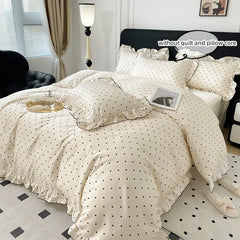 3pcs Korean lace Duvet Cover Set (1*Duvet Cover + 2*Pillowcase, Without Core), Black dot print print Bedding Set