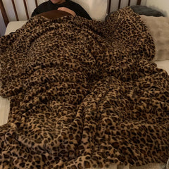 1pc Faux Rabbit Fur Leopard Print Double-layer Lunch Break Blanket, Sofa Couch Home Throw Blanket Nap Blanket