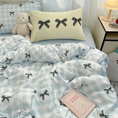 Bowknot Bedding Set Ins Girl Plaid Washed Dormitory Bed Sheet Quilt Cover Student Dormitory Three-piece Set