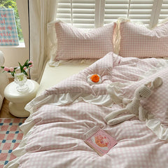 4pcs Korean lace Duvet Cover Set (1*Duvet Cover +1 flat sheet + 2*Pillowcase, Without Core), Pink checkered print Bedding Set