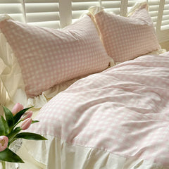 4pcs Korean lace Duvet Cover Set (1*Duvet Cover +1 flat sheet + 2*Pillowcase, Without Core), Pink checkered print Bedding Set