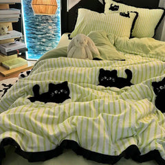 Pink Striped Cat Embroidery Bedding Set Korean Style Washing Cotton Cute Cardboard Duvet Cover Bed Sheet Pillowcases 3/4pcs