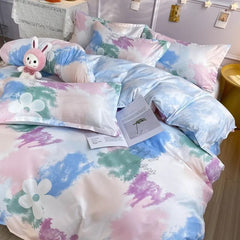 Kawaii Cherry Duvet Cover Set Pillowcase Flat Sheet Floral Boys Girls Twin Full Size Soft Bedding Kit Korean Ins Style Home Use
