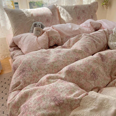2025 new small floral cloud wrinkle double yarn bed four-piece set princess lace quilt cover three-piece bed sheet set