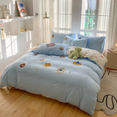 Bedding Set Ins Blue Pink lovely embroidery Mixed With Washed Cotton Minimalist Four Piece Set Fitted Sheets Duvet Cover