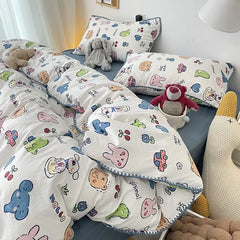 Student Dormitory Three-piece Ins Oil Painting Wind Tulip Quilt Set Double Yarn Four-piece Set 1.8 Washed Cotton Bed Girl