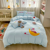 Bedding Set Ins Cute Blue embroidery Mixed With Washed Cotton Minimalist Four Piece Set Fitted Sheets Duvet Cover