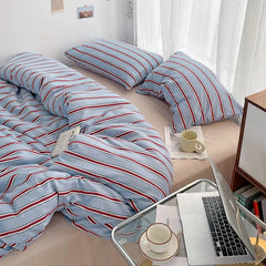 Simple Style Red And Blue Strip Duvet Cover Set Bed Sheet Set Washed Cotton Bedding Set