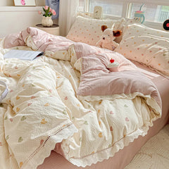 2025 New Bedding Set INS Princess Soft Bed Flat Sheet Set Twin Queen Double Size Cotton Lace Duvet Cover Pillowcase Bed Linen