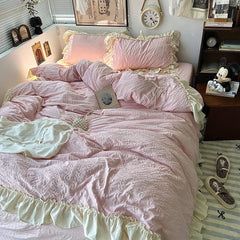 Pink Korean Princess Style Lace Ruffles Bedding Set Skin-friendly Seersucker Duvet Cover Set Fitted Sheet/Bed Sheet Pillowcases