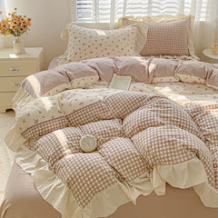 3pcs Korean lace Duvet Cover Set (1*Duvet Cover + 2*Pillowcase, Without Core), Pink checkered print Bedding Set