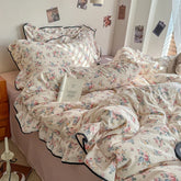 Korean Style Floral Ruffles Knitted Double Yarn Bedding Set Double King Queen Size Duvet Cover Flat/Fitted Bed Sheet Pillowcases