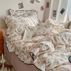 Korean Style Floral Ruffles Knitted Double Yarn Bedding Set Double King Queen Size Duvet Cover Flat/Fitted Bed Sheet Pillowcases
