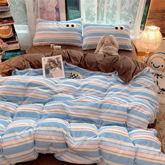Small Fresh Ins Big Blue Stripes Winter Warm Four-piece Bedding Set Quilt Cover Milk Velvet Bed Sheet Farai Velvet Three-piece