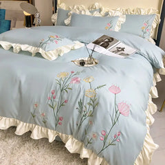 Washed Cotton Embroidery Bedroom Four-piece Set Full Quilt Cover Princess Style Queen Bed Sheet King Bedding Three-piece Bedding
