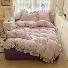 2025 new cream lace girl powder grid Korean version bed four-piece set washed cotton double-layer yarn quilt cover dormitory