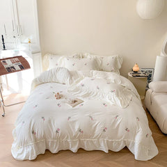 3pcs Rose Embroidered Duvet Cover Set (1*Duvet Cover + 2*Pillowcase, Without Core), Princess Style Lace Bedding Set