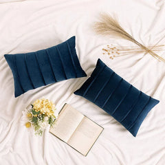 2Pcs Blue Velvet Pillow Covers with Striped Decorative Luxury Soft Cushion Cases for Farmhouse Couch Sofa Living Room