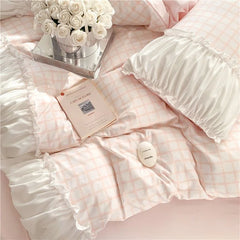 Korean Style Princess Bedding Set Luxury Pink Lattice Duvet Cover Ruffles Lace Bedspread Bed Sheet Pillowcases