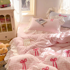2025 Princess Bedding Set Lace Bow Pink Plaid 4pcs Bedding for Spring Quilt Cover Sheet And Pillowcase Soft Romantic For Girls