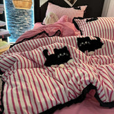 Pink Striped Cat Embroidery Bedding Set Korean Style Washing Cotton Cute Cardboard Duvet Cover Bed Sheet Pillowcases 3/4pcs