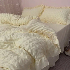 Euro Solid Color Ruffle Bedding Sets Girl Couple Fluffy Queen Duvet Cover With Bed Skirt Pillowcase Bedroom Comfort 4 Pieces Set