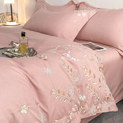 4pcs/set Light Luxury 120s Pure Cotton Floral Embroidered Quilt Cover Pillowcases Fitted Sheet Skin-friendly Naked Bedding Set
