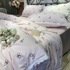 2025 Princess Bedding Set Lace Bow Simple Fresh Duvet Cover Flat Fitted Sheet Pillowcases Home Textile For Women Girl Queen Size