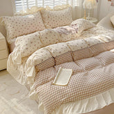 3pcs Korean lace Duvet Cover Set (1*Duvet Cover + 2*Pillowcase, Without Core), Pink checkered print Bedding Set