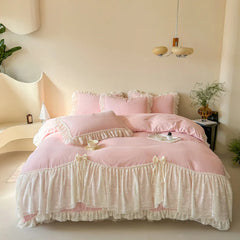Korean style Princess lace bow bedding set pink sweet girl chiffon ruffles duvet cover bed sheet pillowcase wedding home textile