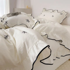 3pcs bow embroidery Bedding set ruffles Duvet Cover Set (1*Duvet Cover + 2*Pillowcase, Without Core)for bedroom guest room