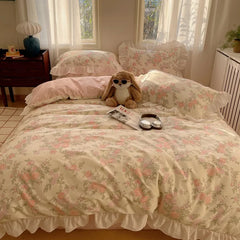 Cute Flower Korean Duvet Cover Bedding Set Pink Cotton Kawaii Double Bed Fitted Bed Sheets Quilt Cover Set Queen Twin Full Size