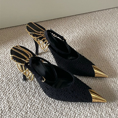 Pointed Metal Chain One Line Buckle Strap Stiletto Sandals