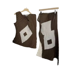 Irregular Contrast Pleated Sleeveless Top + Skirt Set