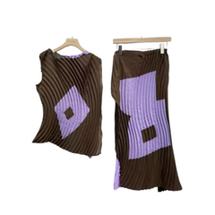 Irregular Contrast Pleated Sleeveless Top + Skirt Set