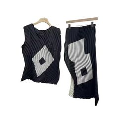 Irregular Contrast Pleated Sleeveless Top + Skirt Set