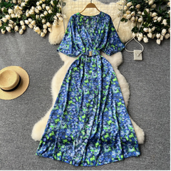 Retro V-Neck Waist Cinching A-line Dress