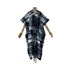 Warm Plaid Corded Tassel Poncho Cardigan - WINI