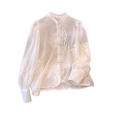 Casual Solid Embroidered Disc-Button Chiffon Shirt