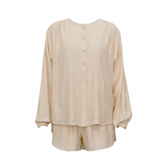 Solid Pleated Long Sleeve Shirt + Split Shorts