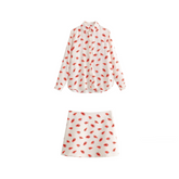 Casual Lips Print Long Sleeve Shirt + Mini Skirt