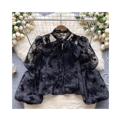 Pre Order: Bow Tie Long Puff Sleeves Tulle Blouse