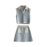 Striped Short Knitted Vest + A-Line Skirt