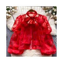 Pre Order: Bow Tie Long Puff Sleeves Tulle Blouse