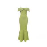 Green Off-Shoulder Slim Fit Cake Dress