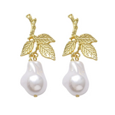 S925 Silver Needle Vintage Metal Leaf Pearl Earrings