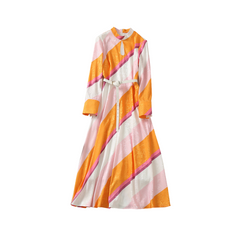 Standing Collar Tie Up Long Sleeved Striped Long Dress