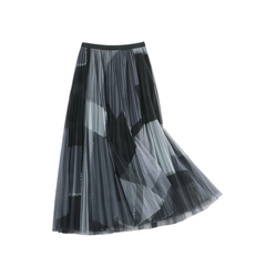 Patchwork Pleated Mesh A-line Skirt
