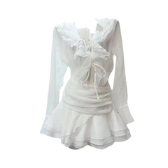 V-Neck Long Sleeve Patchwork Top + High Waist Mini Skirt