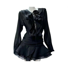 V-Neck Long Sleeve Patchwork Top + High Waist Mini Skirt